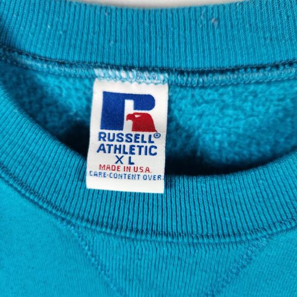 Vtg Russell Athletic XL Made USA Sweatshirt Bunny Print Teal‎ Crew Pullover - Picture 7 of 11